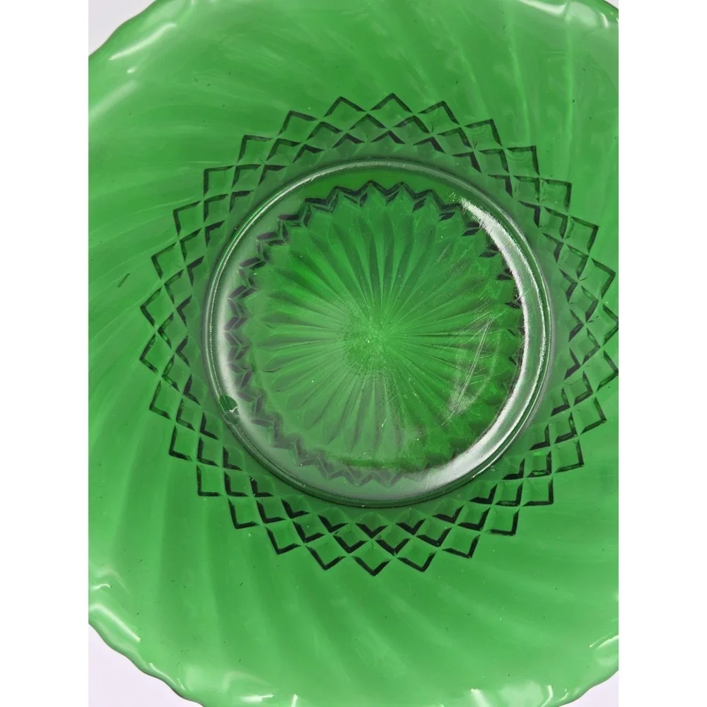 Anchor Hocking Forest Green Glass Bowl Diamond Swirl Ruffled Edge Vintage